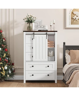 gaomon 5 Drawer Dresser, Farmhouse Wooden Chest of Drawers with Sliding Barn Door, Adjustable Shelf, Tall Antique Dresser, Storge Cabinet for Bedroom,