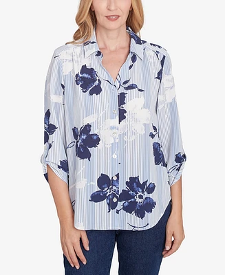 Alfred Dunner Women's Classic Striped Flower Button Front Tie Sleeve Top