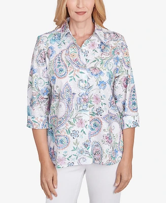 Alfred Dunner Women's Classic Paisley Button Down Cuffed Sleeve Top