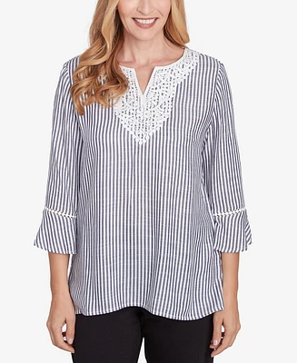 Alfred Dunner Women's Classic Embroidered Split Neck Striped Top