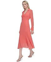 Dkny Women's Collared V-Neck Long-Sleeve Chiffon Dress