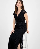 Connected Petite Sequined Lace Column Gown