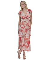 Dkny Women's Printed Flutter-Sleeve Tie-Waist Maxi Dress