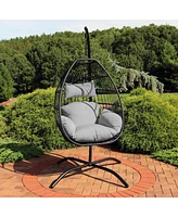 Delaney Black Resin Wicker Hanging Egg Chair with Powder-Coated Steel Stand - Gray Polyester Cushions - 81 Inches H