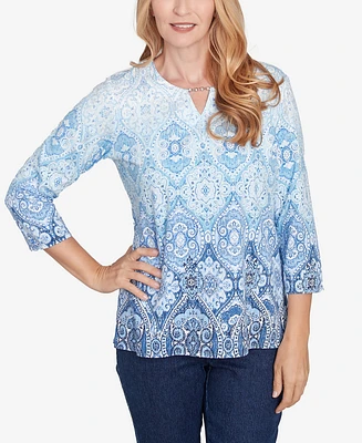 Alfred Dunner Petite Classics Split Beaded Neck Ombre Medallion Top