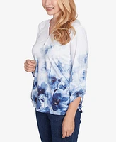 Alfred Dunner Petite Classics Floral Border Ruched Sleeve Henley Top