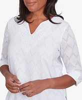 Alfred Dunner Petite Classics White Textured Split Neck Top