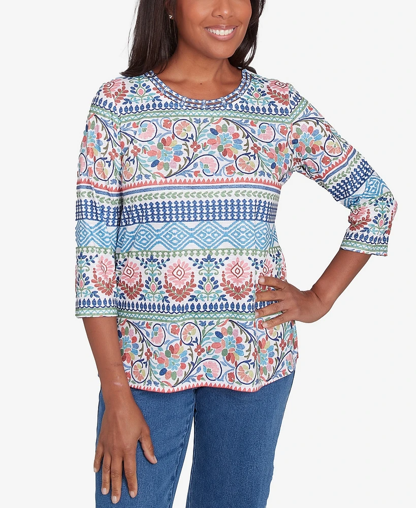 Alfred Dunner Petite Classics Knit Scroll Geometric Crewneck Top