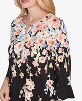 Alfred Dunner Petite Classics Falling Flower Beaded Split Neck Top