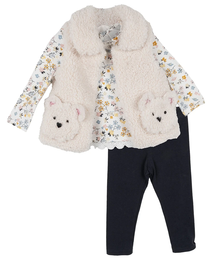 Rare Editions Baby Girl Bear Applique Faux Sherpa Vest with Floral Top and Leggings, 3-Piece Set