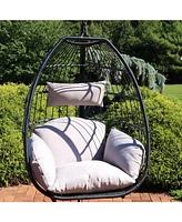 Sunnydaze Decor Oliver Hanging Egg Chair with Seat Cushions - Black Resin Wicker Frame with Gray Polyester Cushions - 48-Inch