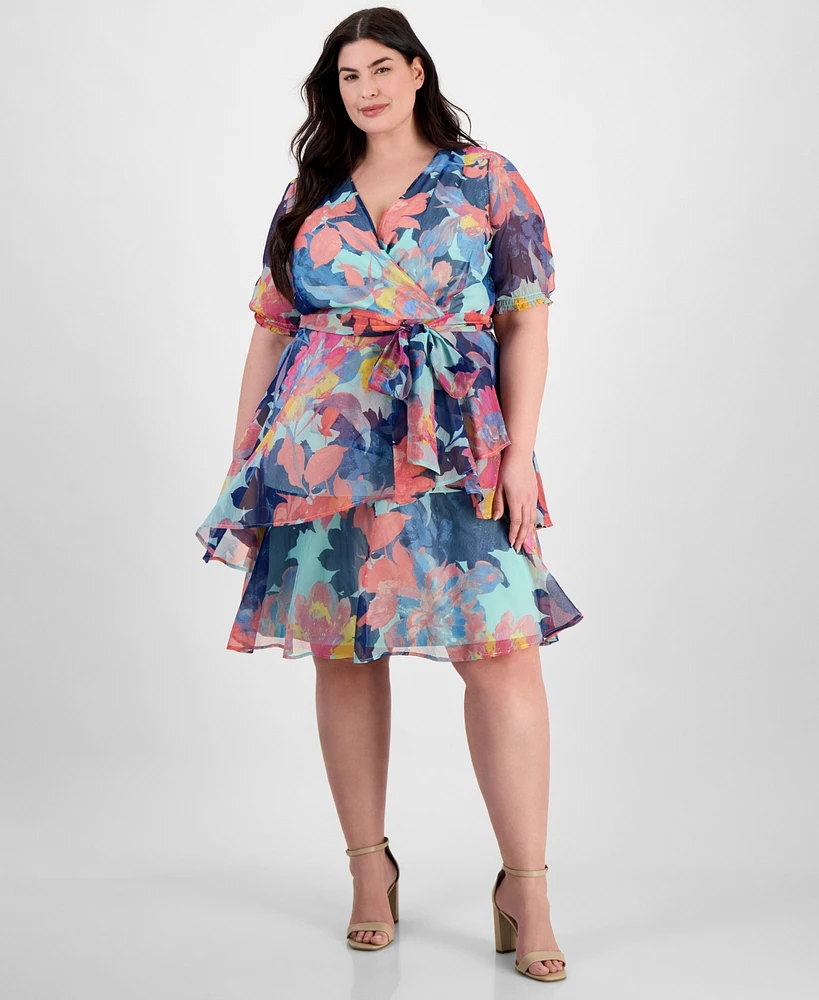 Tahari Plus Printed Puff-Sleeve A-Line Dress