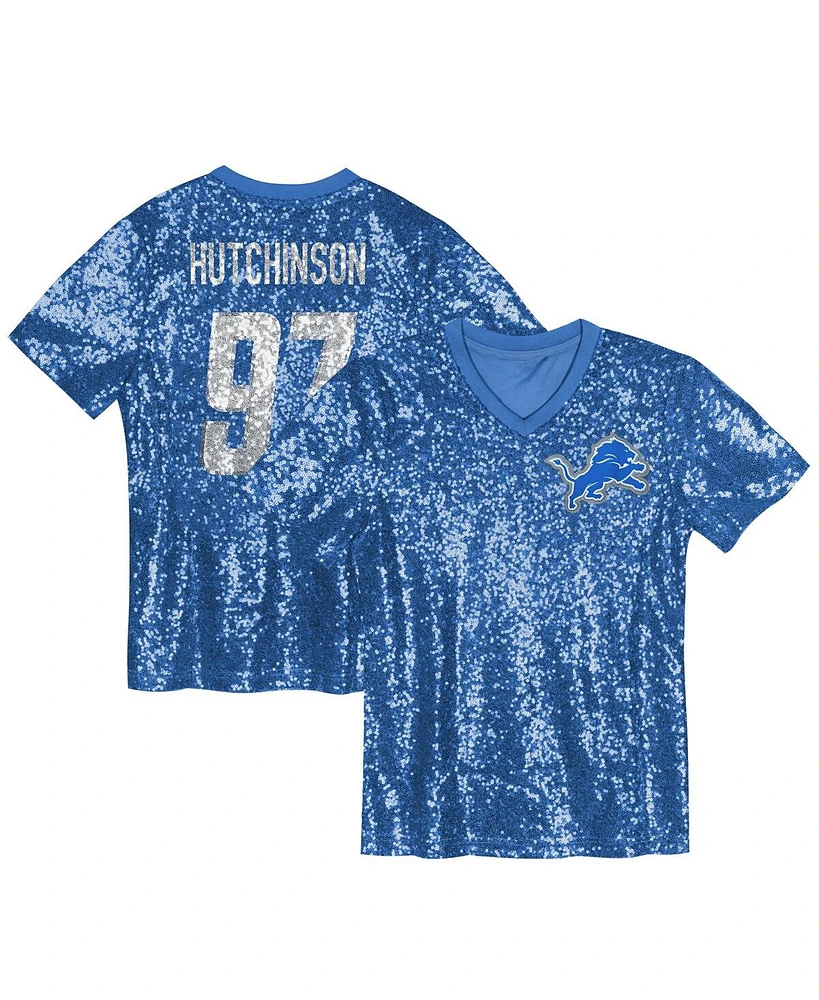 Outerstuff Big Girls Aidan Hutchinson Blue Detroit Lions Sequin V-Neck Fashion Jersey