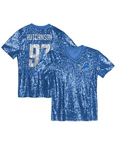 Outerstuff Big Girls Aidan Hutchinson Blue Detroit Lions Sequin V-Neck Fashion Jersey