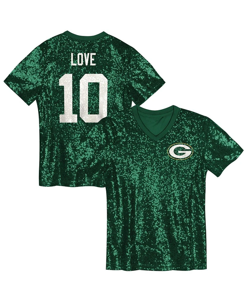 Outerstuff Big Girls Jordan Love Green Bay Packers Sequin V-Neck Fashion Jersey