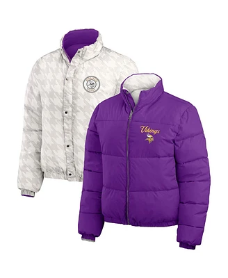 Wear by Erin Andrews Women's Purple, White Minnesota Vikings Reversible Cropped Full-Zip Puffer Jacket