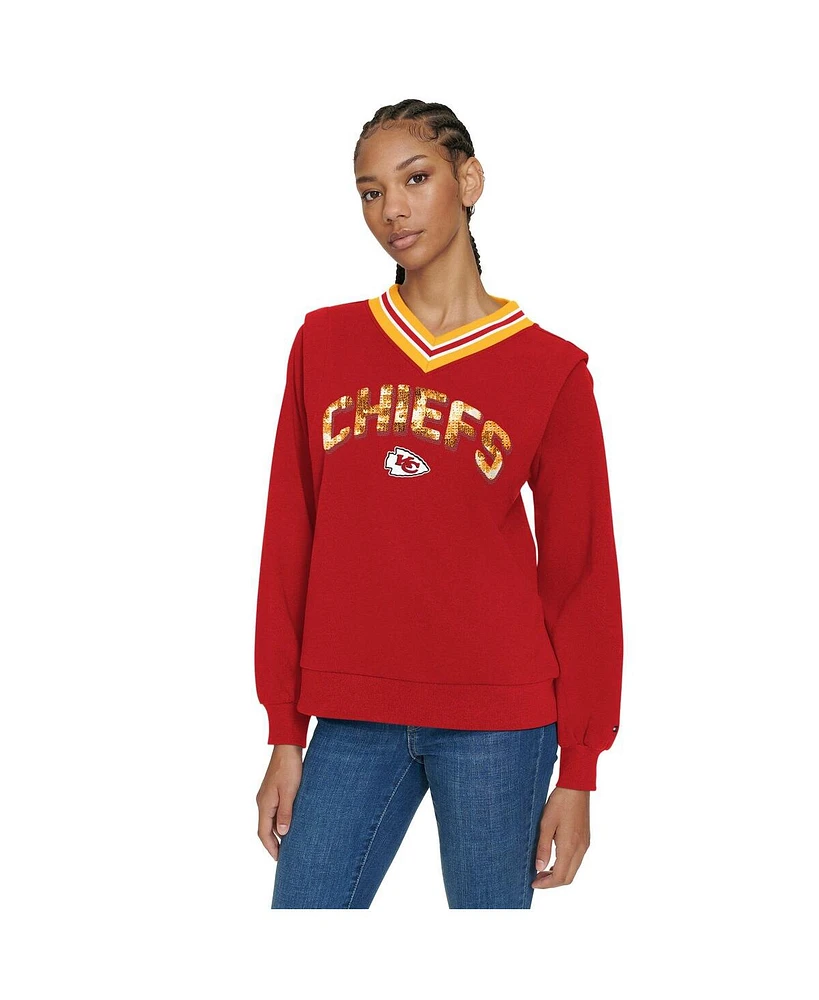 Tommy Hilfiger Women's Red Kansas City Chiefs Alice V-Neck Pullover Sweatshirt