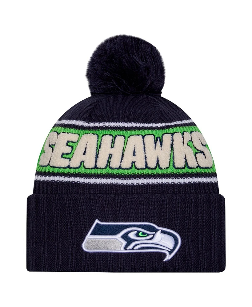 New Era Men's College Navy Seattle Seahawks 2024 Sideline Cuffed Knit Hat with Pom