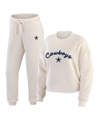 Wear by Erin Andrews Women's Oatmeal Dallas Cowboys Plus Rib-Knit Long Sleeve T-Shirt Pants Lounge Set