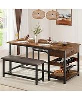 gaomon Dining Table Set with 2 Benches for 4 Kitchen Table Set with Storage Drawers & Wine Rack for Breakfast Nook and Small Space Dining Room Table S