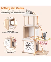 Gymax 47'' Wooden Cat Tree w/ 2-Story Cat Condo 2 Perches Basketball Hoop Hammock