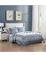 Bebejan Aquamarine Medallion 100% Cotton Sateen 3 Piece King Size Reversible Quilted Coverlet Set