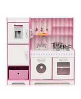 Costway Kids Kitchen Playset Wooden Toy with Adjustable Led Lights & Washing Machine