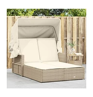 vidaXL Double Sun Lounger with Canopy and Cushions Beige Poly Rattan