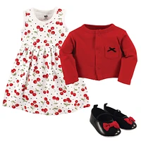 Hudson Baby Girls Cotton Dress, Cardigan and Shoe 3pc Set, Cherries, 0-3 Months