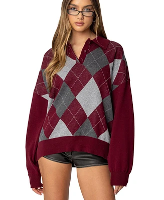 Edikted Women's Argyle Oversized Polo Sweater