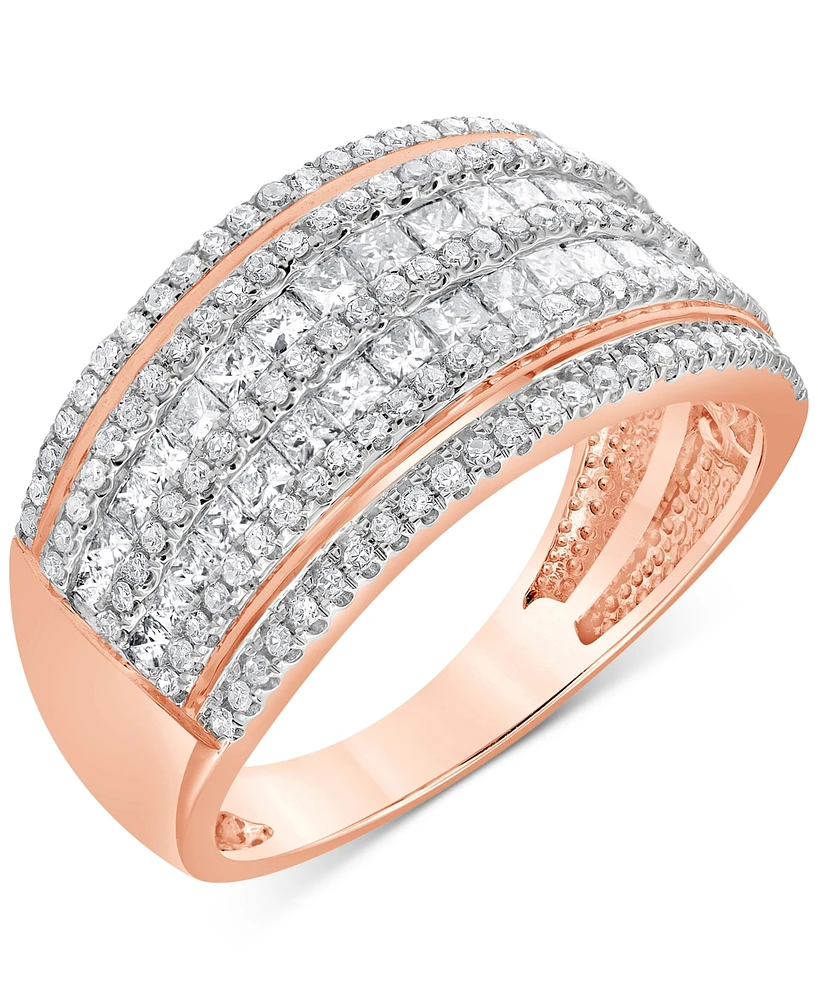 Diamond Princess & Round Multirow Statement Ring (1 ct. t.w.) in 14k Rose Gold