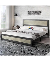 gaomon Queen Size Bed Frame with Headboard, Industrial Platform Bed Frame with Charging Station, No Box Spring Required, Easy to Assemble