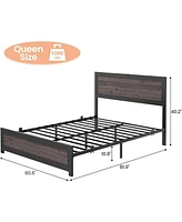 gaomon Queen Size Bed Frame with Headboard, Industrial Platform Bed Frame with Charging Station, No Box Spring Required, Easy to Assemble