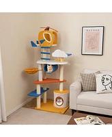 Gymax 70'' Tall Aviation-themed Cat Tree w/ Helicopter Top Perch Platforms Basket Bed