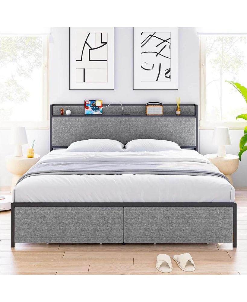 gaomon King Size Bed Frame with Charging Station and 2 Storage Drawer, Upholstered Platform Bed with Headboard, Usb Port & Outlets, No Box Spring Need