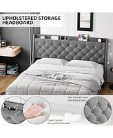 gaomon Upholstered Bed Frame - Full Size, Usb Ports, Wingback Headboard, Storage Shelf, and Charging Station