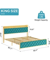 gaomon King Bed Frame with Velvet Storage Headboard, Heavy Duty Steel Slats Support Metal Platform Bed Frame w/Charging Station & Led, App Remote Cont