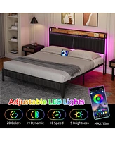 gaomon Bed Frame with Led Light and Charging Station, Upholstered Platform Bed with Storage Headboard, Metal Slat, Noise Free