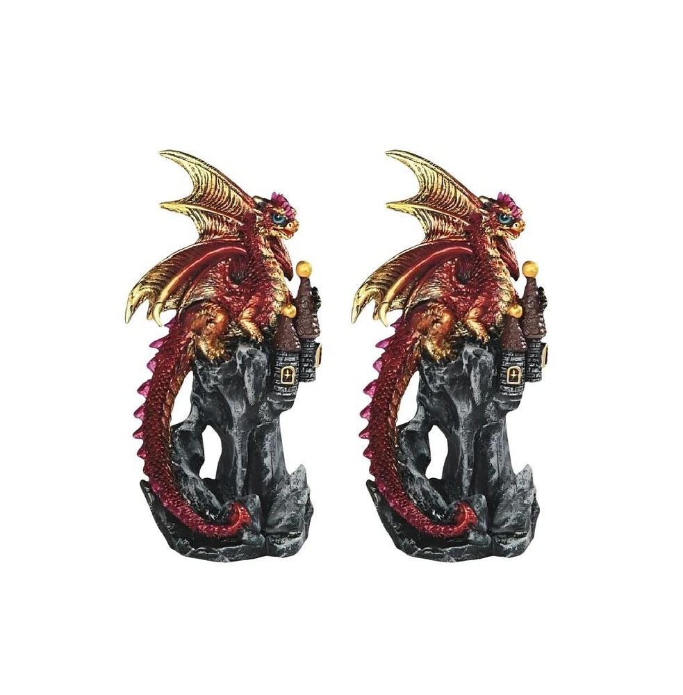 Fc Design "2-pc Set" 4.75"H Red Volcano Dragon on Castle Figurine Statue Ornament Home Room Office Decor and Perfect Ideas for Housewarming, Holidays