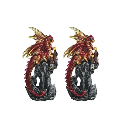 Fc Design "2-pc Set" 4.75"H Red Volcano Dragon on Castle Figurine Statue Ornament Home Room Office Decor and Perfect Ideas for Housewarming, Holidays