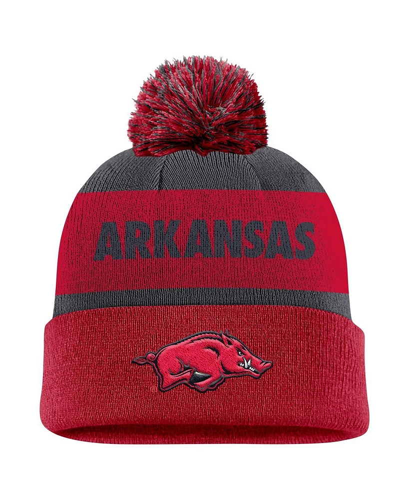 Nike Men's Charcoal/Cardinal Arkansas Razorbacks Peak Stripe Cuffed Knit Hat with Pom