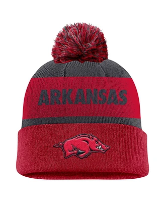 Nike Men's Charcoal/Cardinal Arkansas Razorbacks Peak Stripe Cuffed Knit Hat with Pom