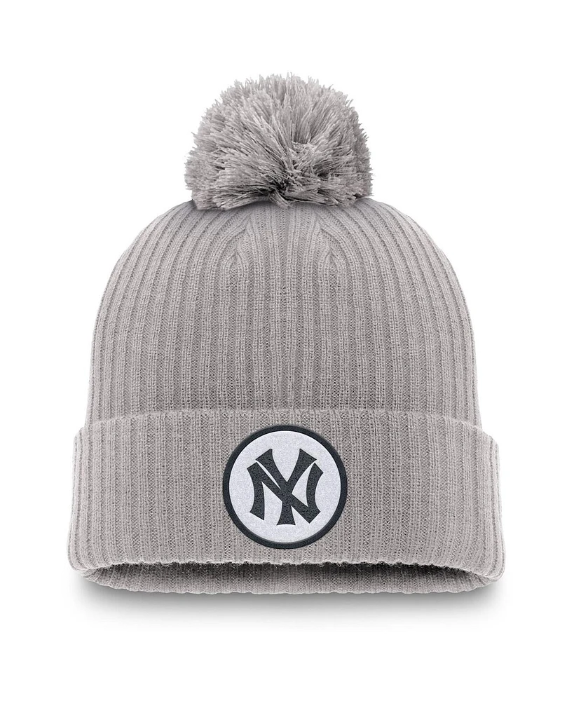 Nike Men's Gray New York Yankees Cooperstown Collection Patch Cuffed Knit Hat with Pom