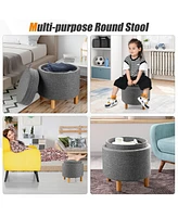 Gouun Round Fabric Storage Ottoman with Tray and Non-Slip Pads for Bedroom