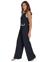 Tommy Hilfiger Women's Collared Contrast-Trim Sleeveless Straight-Leg Jumpsuit