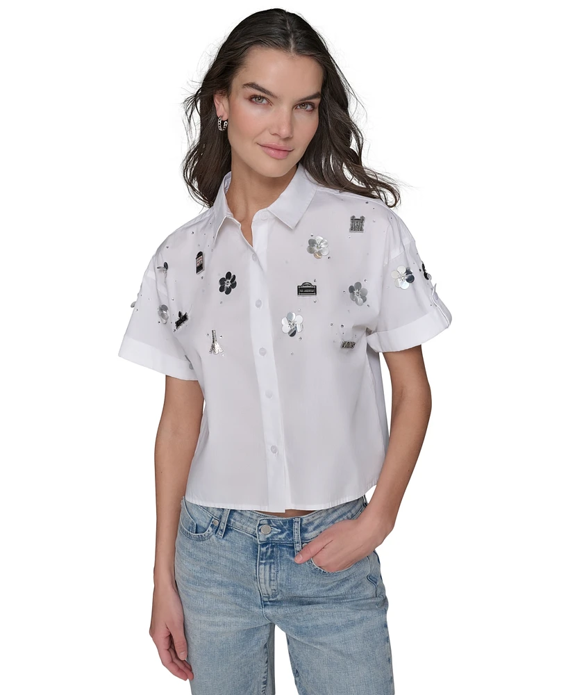 Karl Lagerfeld Paris Petite Cotton Button-Front Embellished Shirt