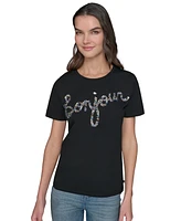 Karl Lagerfeld Paris Petite Embellished Bonjour Crewneck T-Shirt