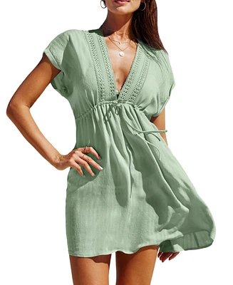 Cupshe Women's Short Sleeve Cover-Up Mini Beach Dress