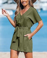 Cupshe Women's Ribbed V-Neck Short Sleeve Romper