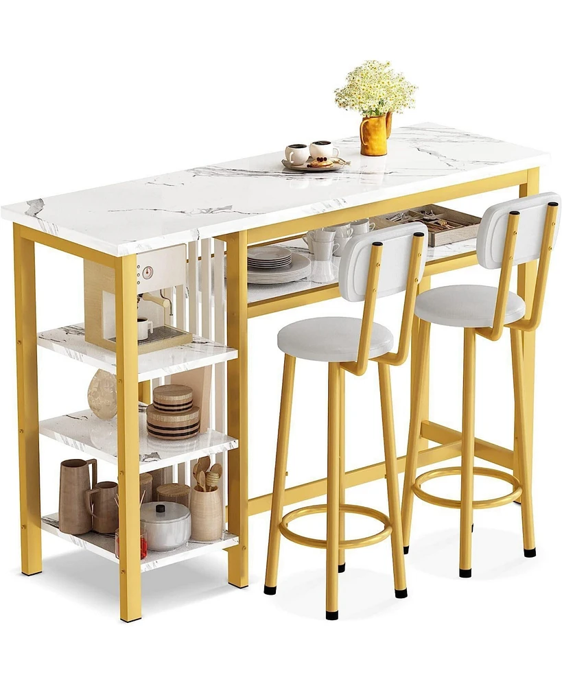 gaomon Bar Table with 2 stools, Counter Height Table with 3 Storage Shelves, 3 Piece Dining Table Set for Small Space, Apartment, Kitchen